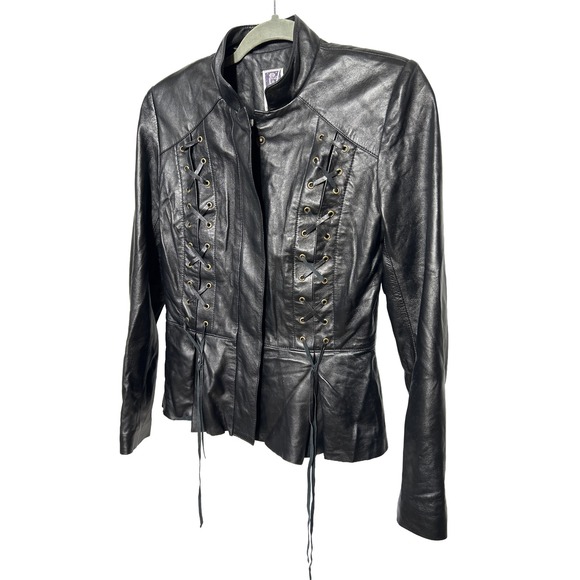Zelda Leather Jacket Black Moto Style Lace Up Front Back Unique Designer Womens - Picture 1 of 11